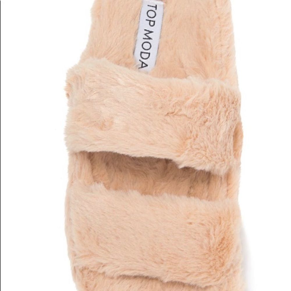 Top Moda Faux Fur Chunky Heel Sandal Mule Beige - Picture 4 of 7
